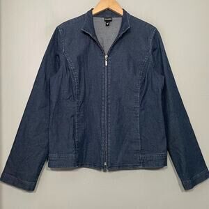 Eileen Fisher Size Small Dark Blue Denim Zip Jean Jacket Classic Preppy Coastal